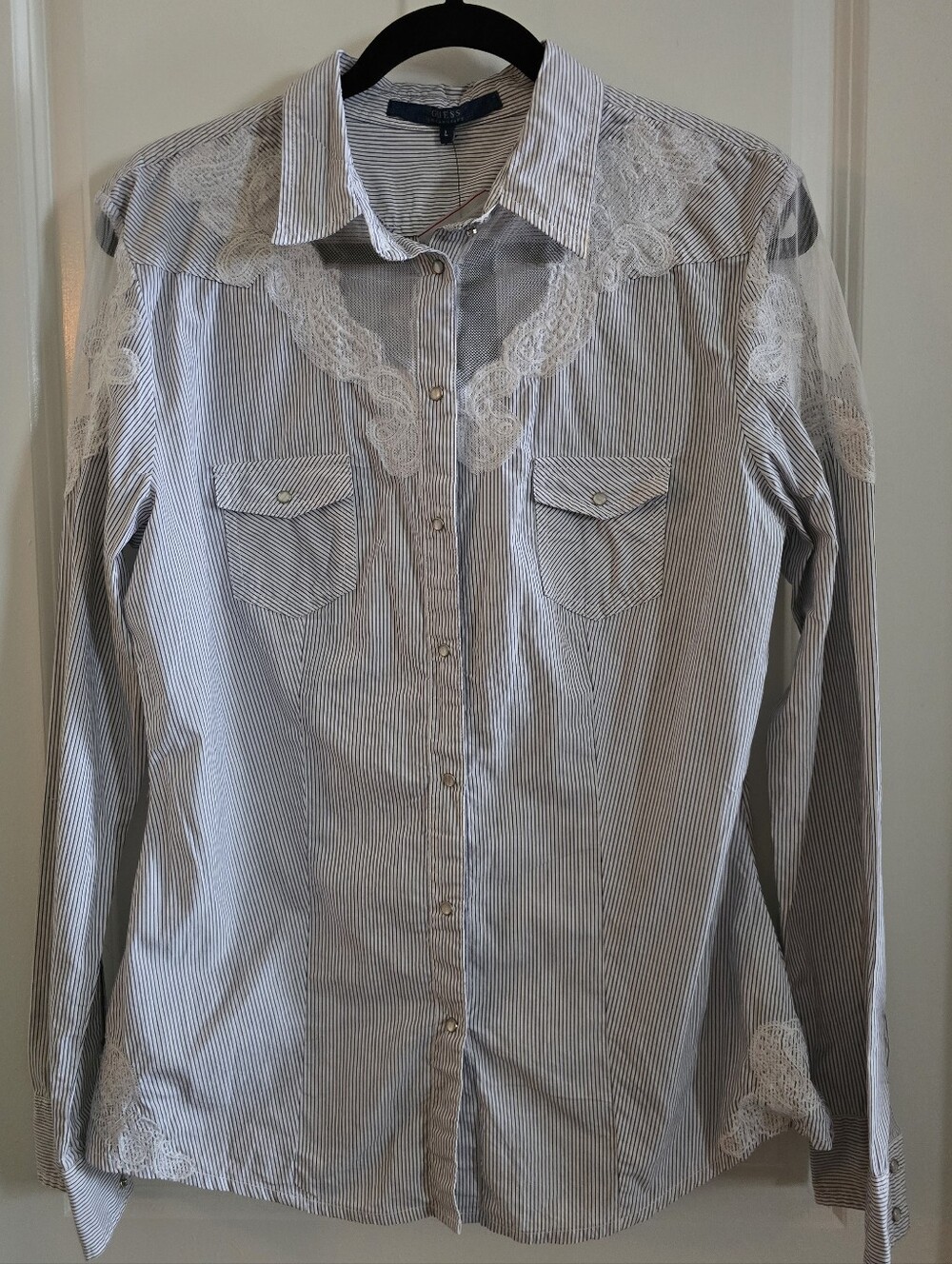 Guess Striped Button-Up Shirt with Lace Accents - White & Navy Size L NWT